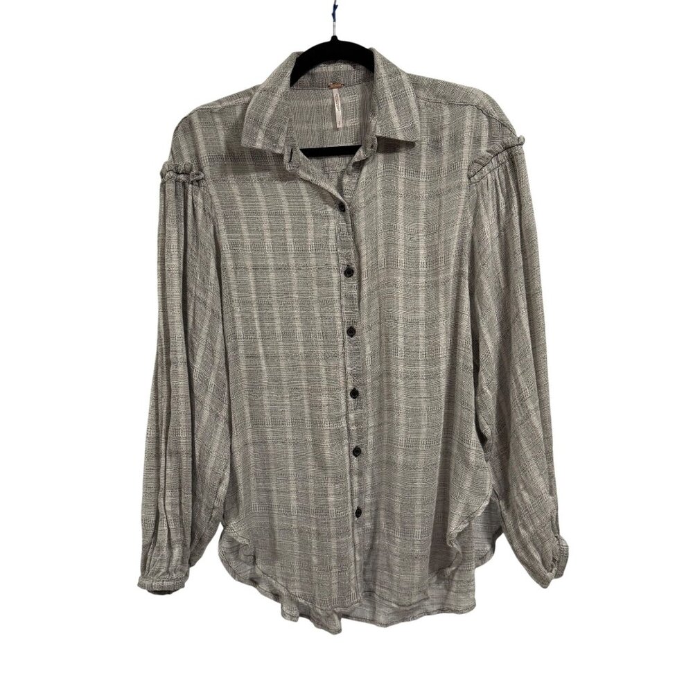 Free People‎ Headed to the Highlands Button Up Gray Black Gauze Style Top Size S